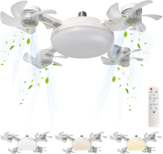 4 Head Drone Fan Lights, E27 Screw in Ceiling Fans, Folding Ceiling Fans with Lights, Light Bulb Fans with Remote, 3 Colors, 3 Speeds, for Bedroom, Living Room, Kitchen, Garage, Gazebo, Small