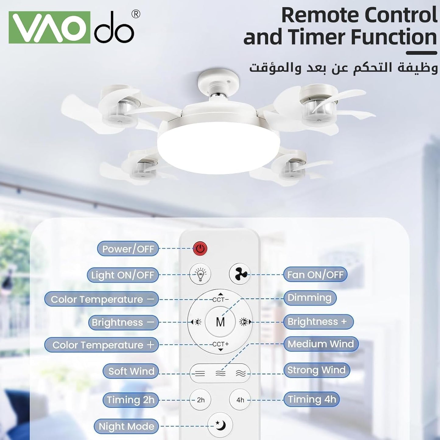 4 Head Drone Fan Lights, E27 Screw in Ceiling Fans, Folding Ceiling Fans with Lights, Light Bulb Fans with Remote, 3 Colors, 3 Speeds, for Bedroom, Living Room, Kitchen, Garage, Gazebo, Small