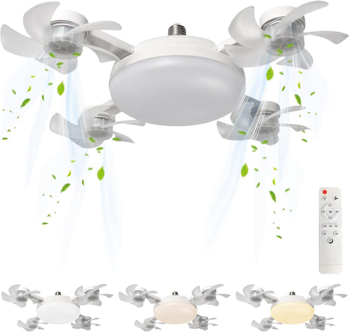 4 Head Drone Fan Lights, E27 Screw in Ceiling Fans, Folding Ceiling Fans with Lights, Light Bulb Fans with Remote, 3 Colors, 3 Speeds, for Bedroom, Living Room, Kitchen, Garage, Gazebo, Small