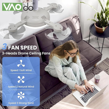 4 Head Drone Fan Lights, E27 Screw in Ceiling Fans, Folding Ceiling Fans with Lights, Light Bulb Fans with Remote, 3 Colors, 3 Speeds, for Bedroom, Living Room, Kitchen, Garage, Gazebo, Small